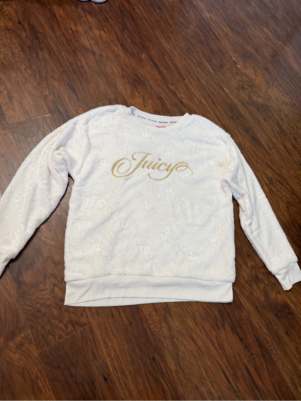 Juicy Couture Cream Plush Hooded Sleep Top with Gold Script